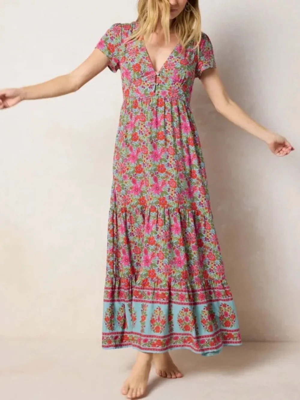 Natural Life Evangeline Floral V-Neck Maxi Dress in Pink and Aqua Small New - Picture 2 of 5